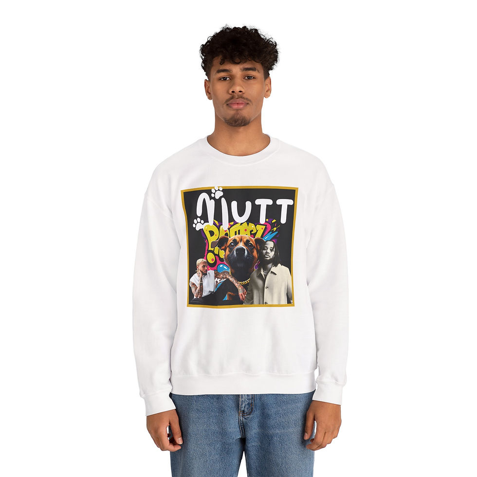 Thumbnail: Model in white Mutt Puppy sweatshirt