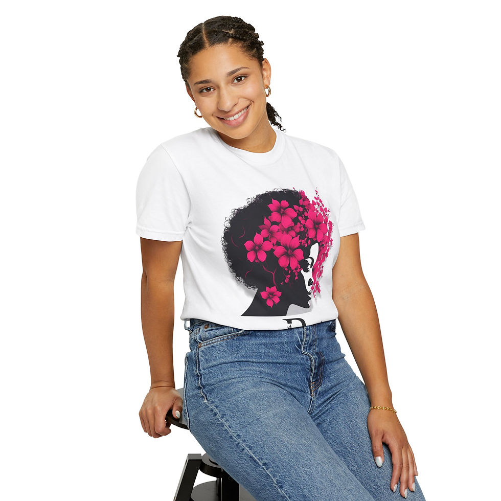 Thumbnail: Woman smiling in white tee with floral afro design