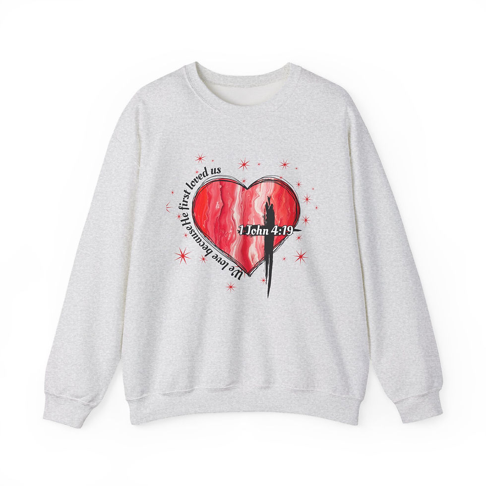 Thumbnail: Christian Heart Crewneck Sweatshirt — 1 John 4:19 Scripture Pullover