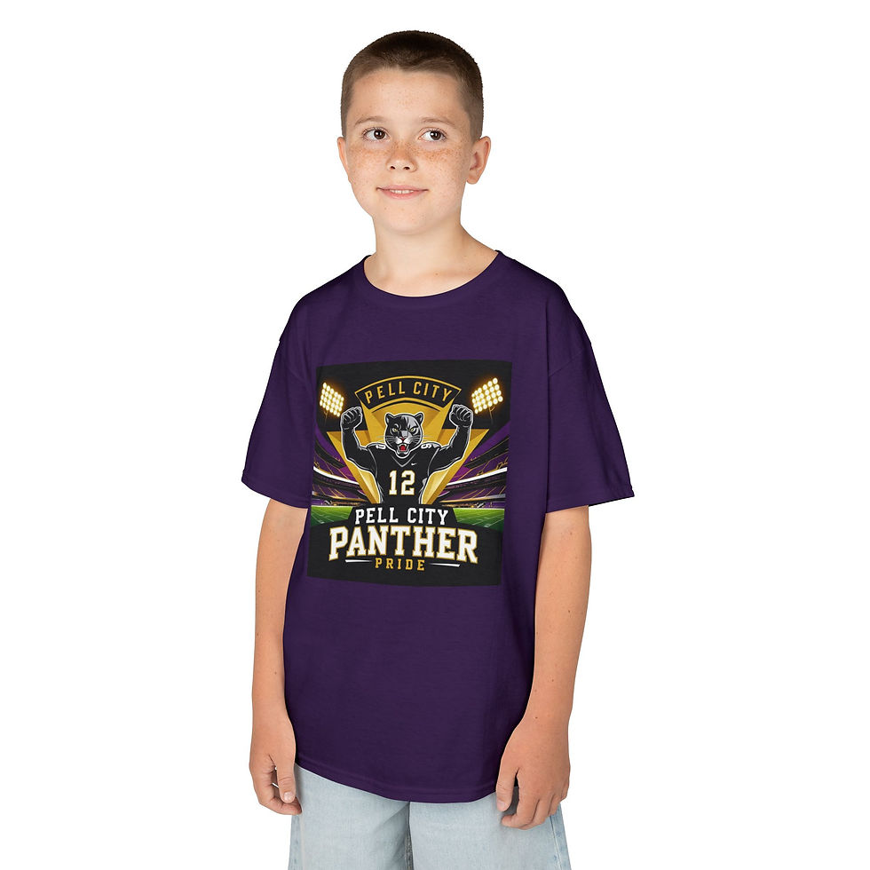 Thumbnail: Boy modeling purple "Fill City Panther" tee