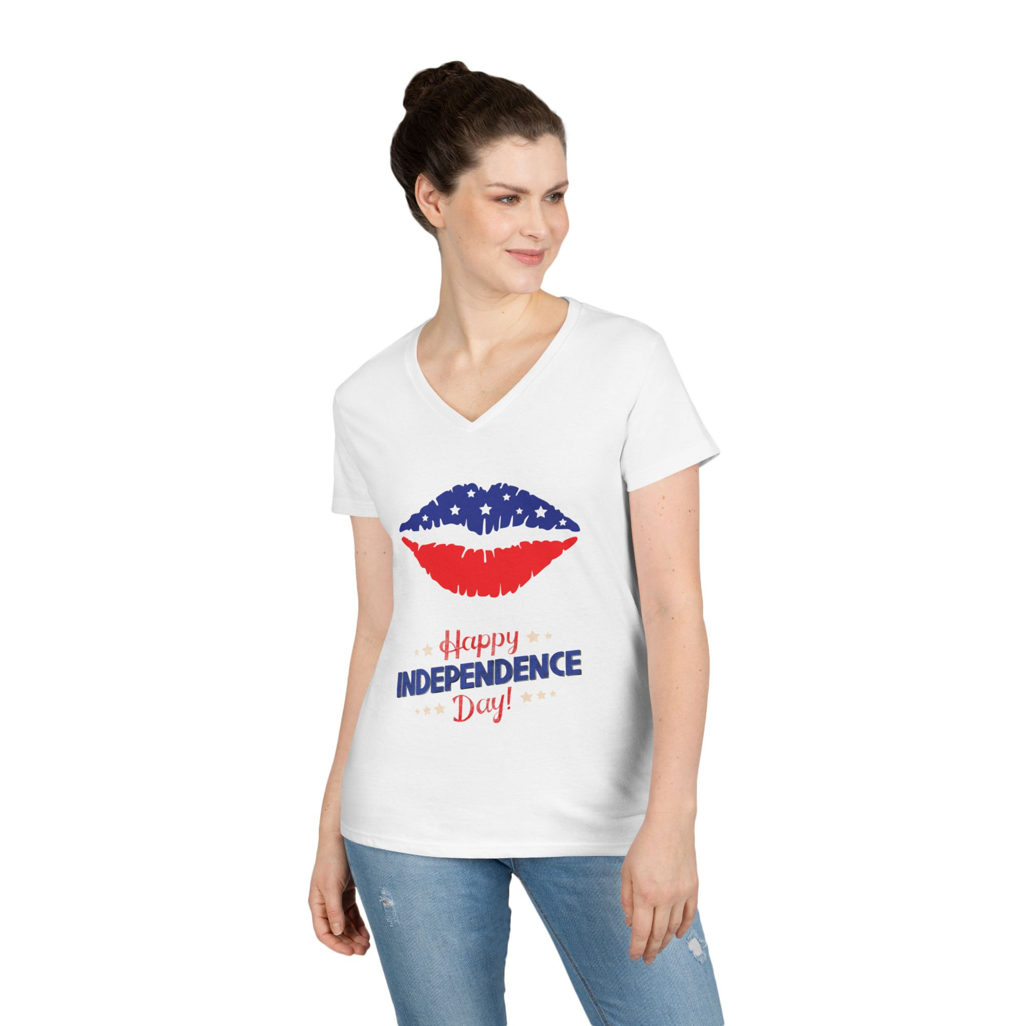 Woman in V-neck tee, American flag lips, "Happy Independence Day" text