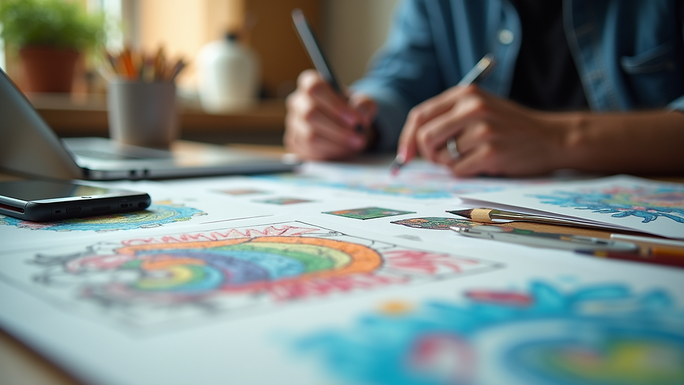 Eye-level view of a graphic artist’s workspace with colorful sketches and tools