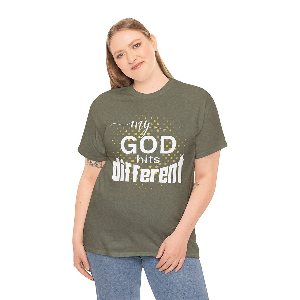 Thumbnail: Woman wearing olive green 'My God is Different' tee