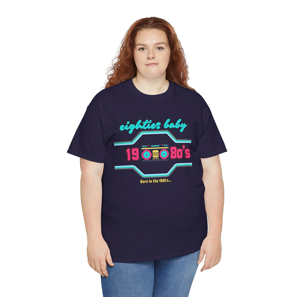 Thumbnail: Woman in navy "80s baby" tee