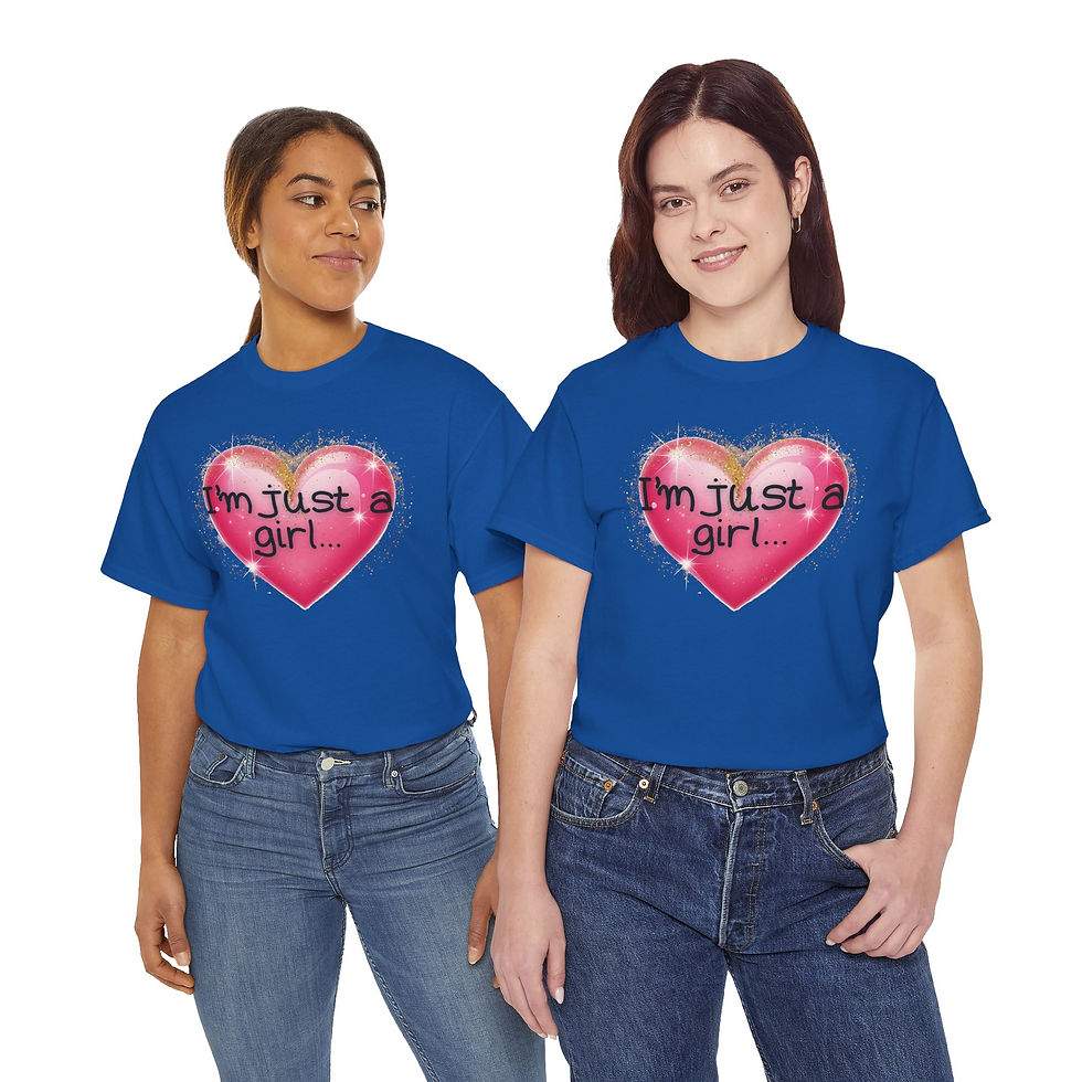 Thumbnail: Two models in royal blue "I'm Just a Girl" T-shirts