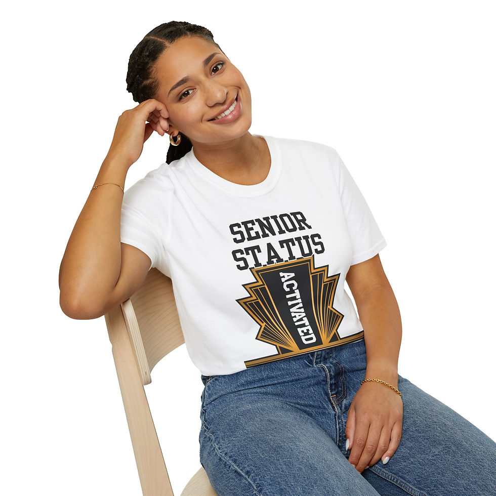 Thumbnail: Woman in white "Senior Status Activated" T-shirt