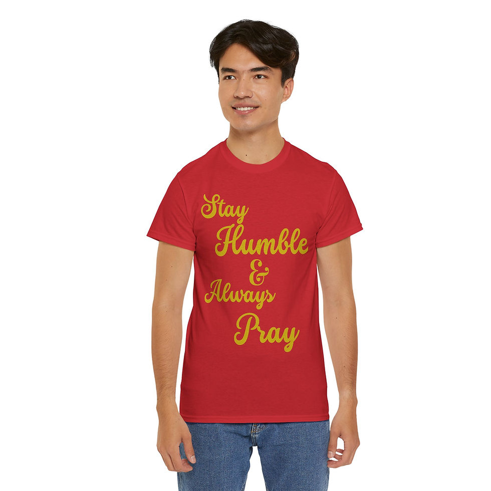 Thumbnail: Man modeling red "Stay Humble & Always Pray" tee