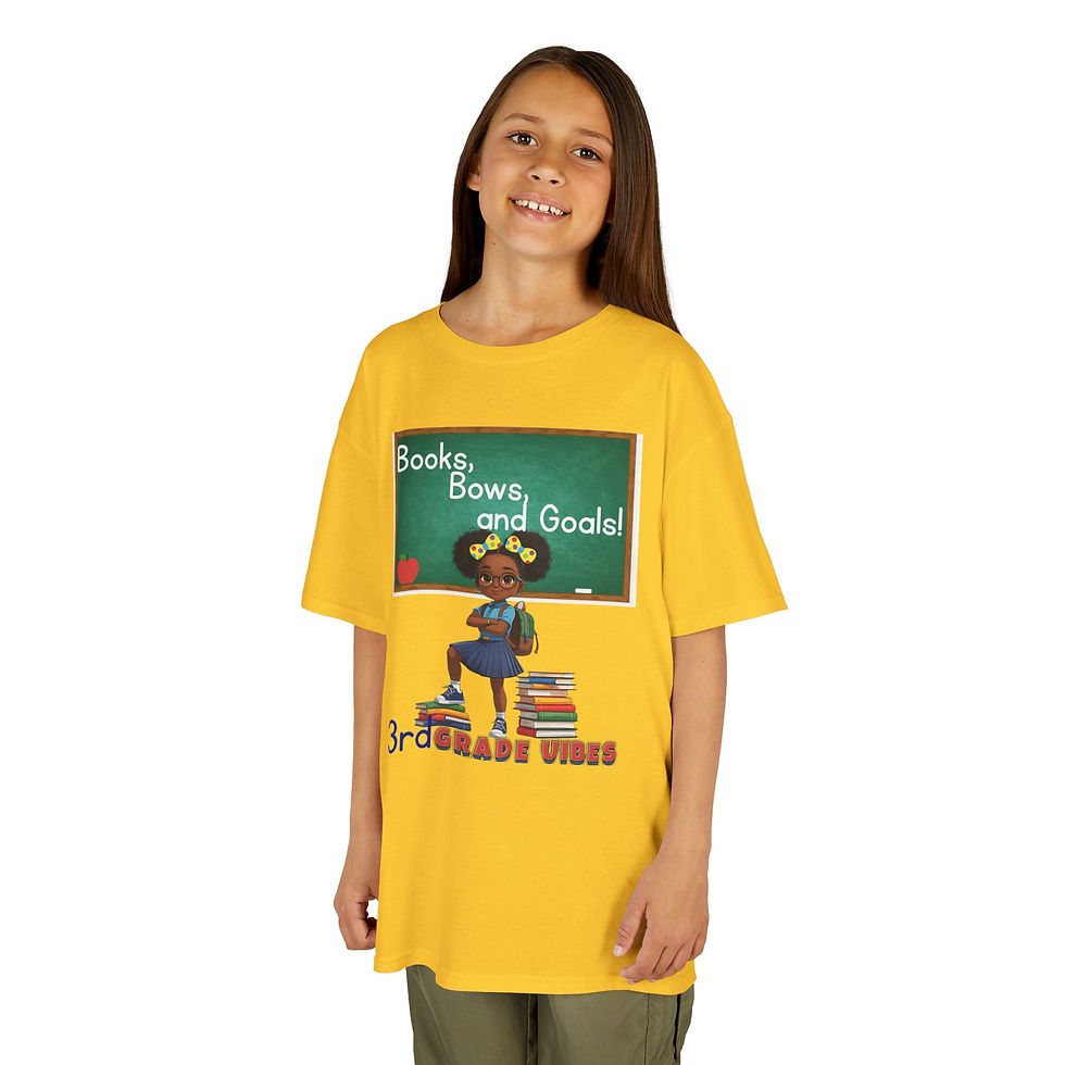 Thumbnail: Girl modeling yellow 'Books, Brains, and Goals!' Kindergarten Vibes tee