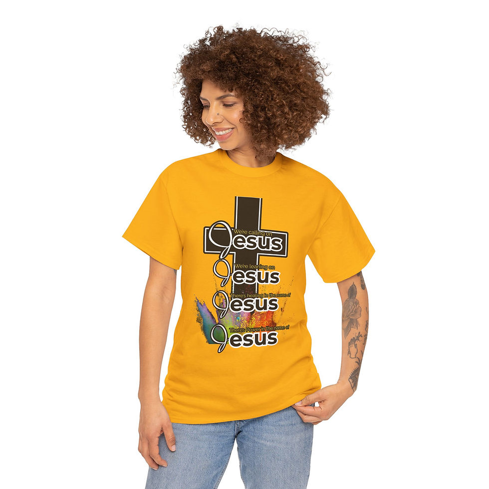 Thumbnail: Woman wearing a mustard yellow Jesus cross T-shirt
