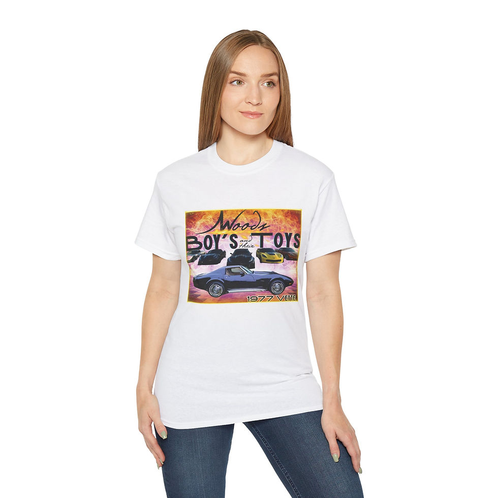 Thumbnail: Woman wearing a white t-shirt featuring a retro car graphic and "Automobiles Boy's Toys" text