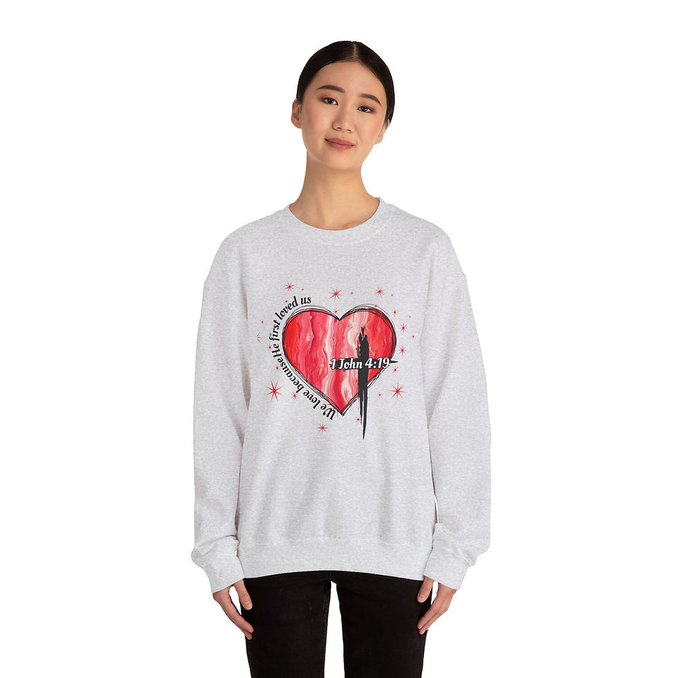 Thumbnail: Christian Heart Crewneck Sweatshirt — 1 John 4:19 Scripture Pullover