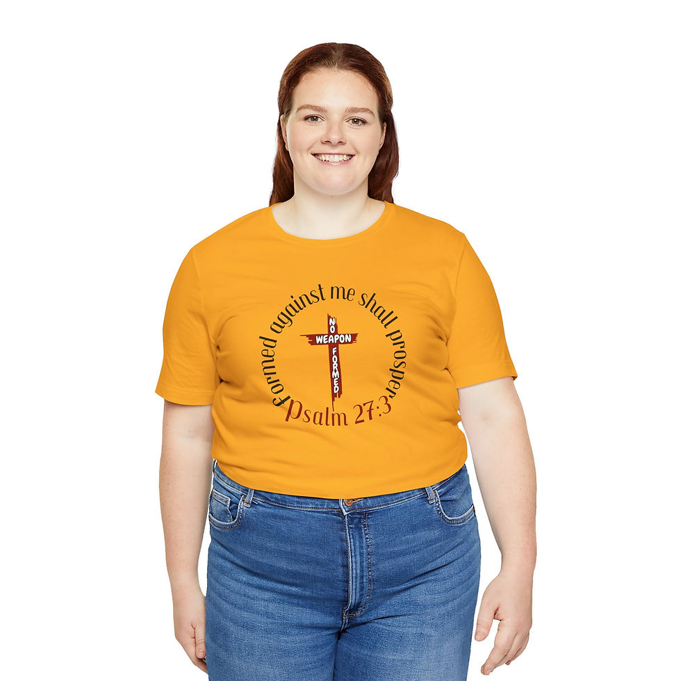 Thumbnail: Woman models gold t-shirt; Psalm 27 verse