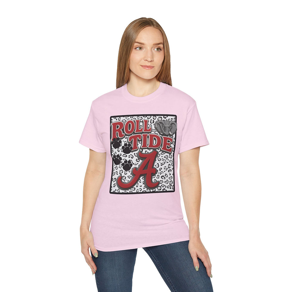 Thumbnail: Woman in pink Roll Tide Alabama tee