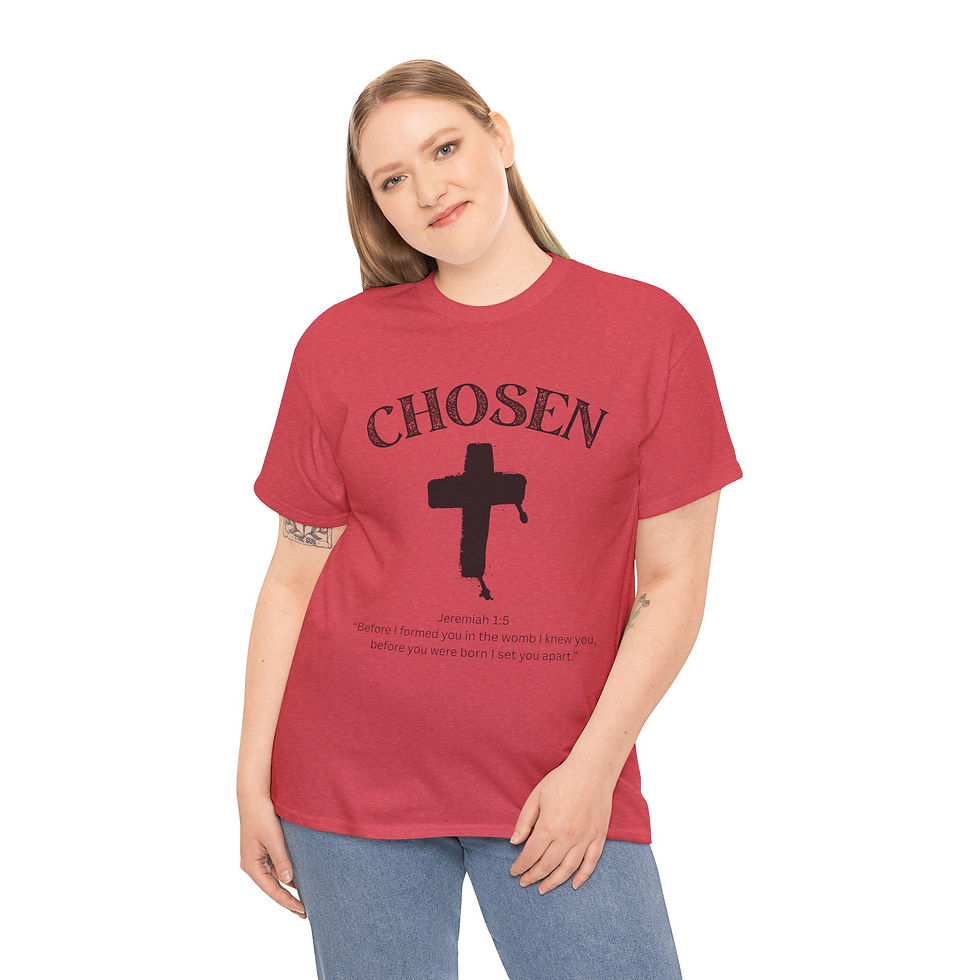 Thumbnail: Woman in red 'Chosen' T-shirt