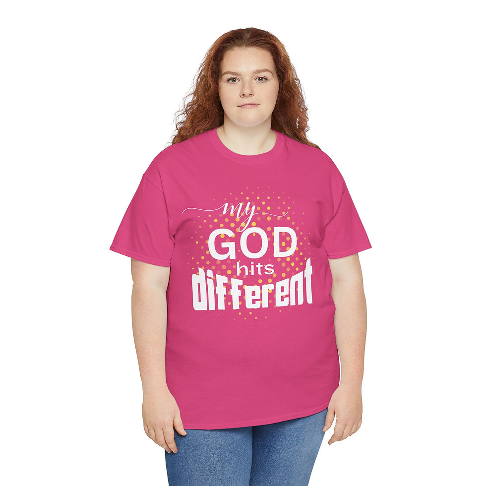 Thumbnail: Woman wearing a pink 'My God Hits Different' tee