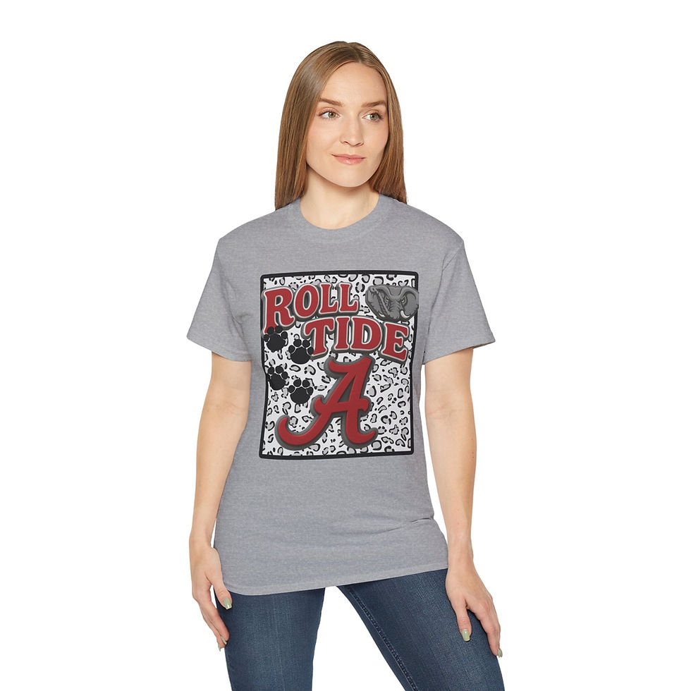 Thumbnail: Woman modeling gray Roll Tide Alabama tee