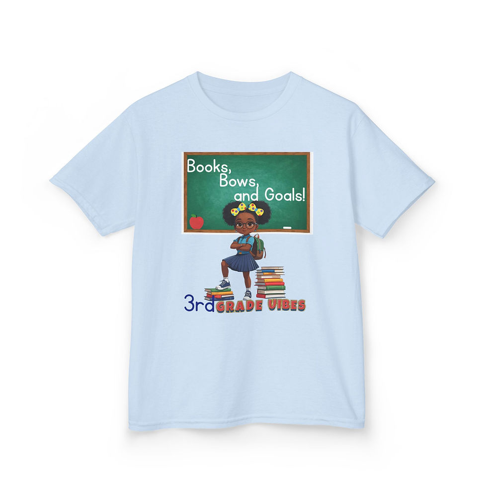 Thumbnail: Girl's light blue 3rd Grade Vibes tee: Books, Bows, and Goals