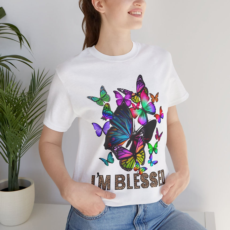 Thumbnail: Woman in white "I'm Blessed" butterfly tee