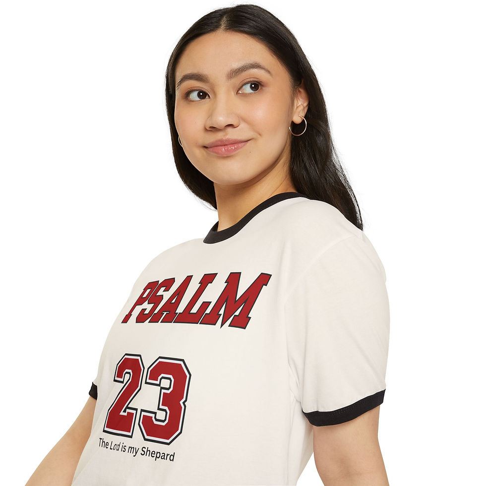 Thumbnail: Woman in cream Psalm 23 tee