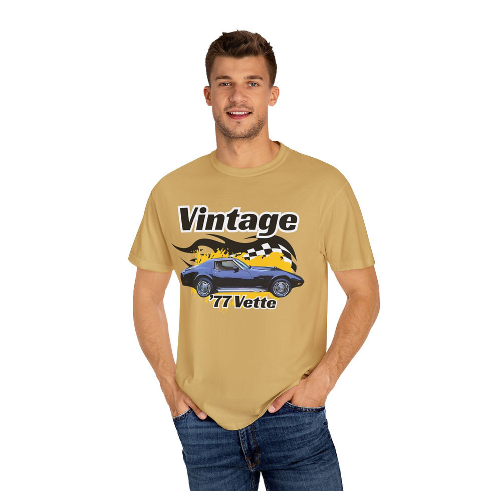 Thumbnail: Man in gold "Vintage '77 Vette" T-shirt