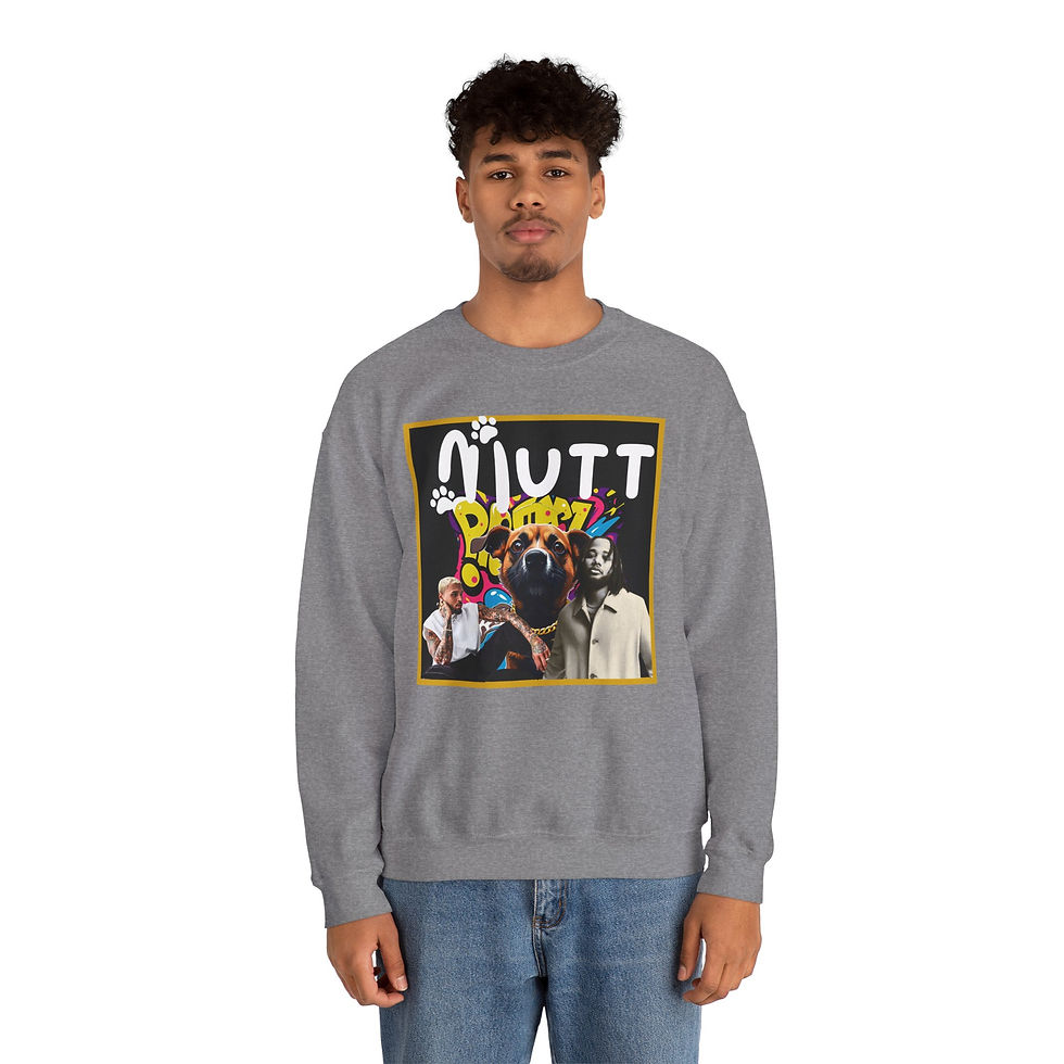Thumbnail: Model wearing gray sweatshirt featuring MUTT graphic