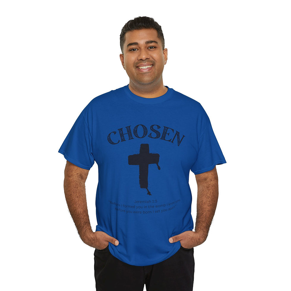 Thumbnail: Man in blue "Chosen" Christian t-shirt