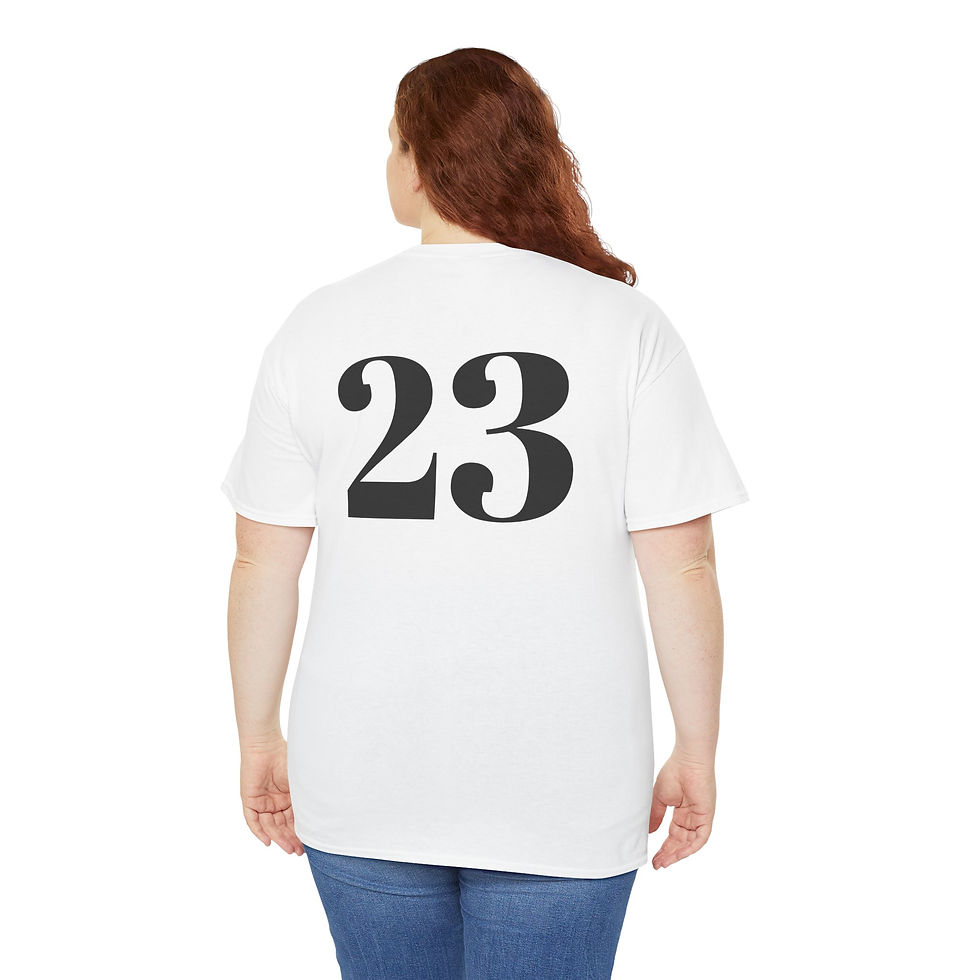 Thumbnail: Woman's back, white tee with large 23