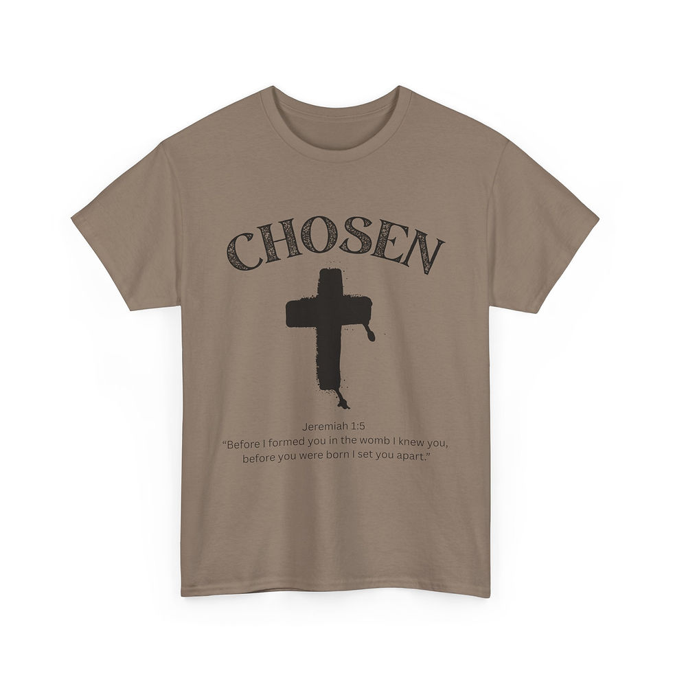 Thumbnail: Tan t-shirt with CHOSEN and cross