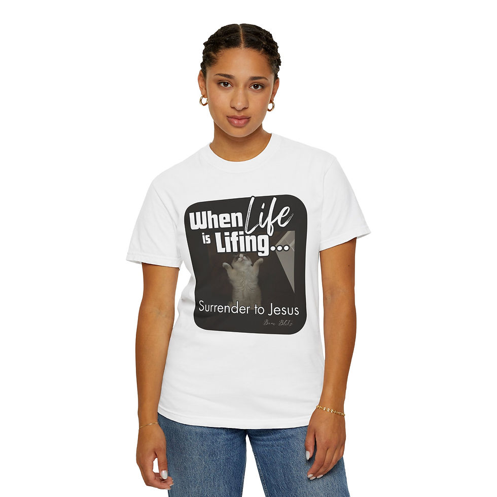 Thumbnail: Woman modeling white 'When Life is Lifting... Surrender to Jesus' tee