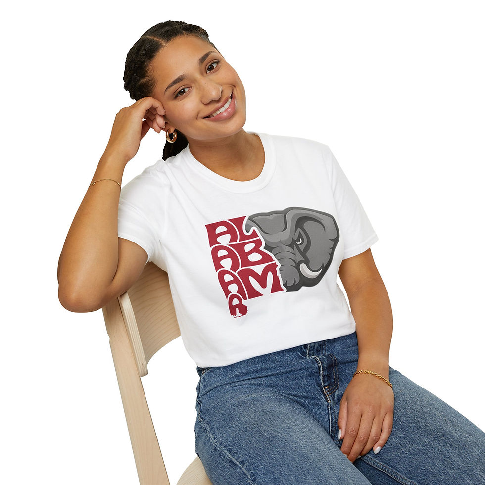 Thumbnail: Woman smiling, wearing Alabama elephant graphic tee