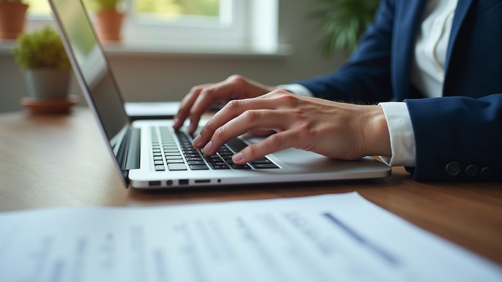 Close-up view of a person typing on a laptop with legal papers nearby