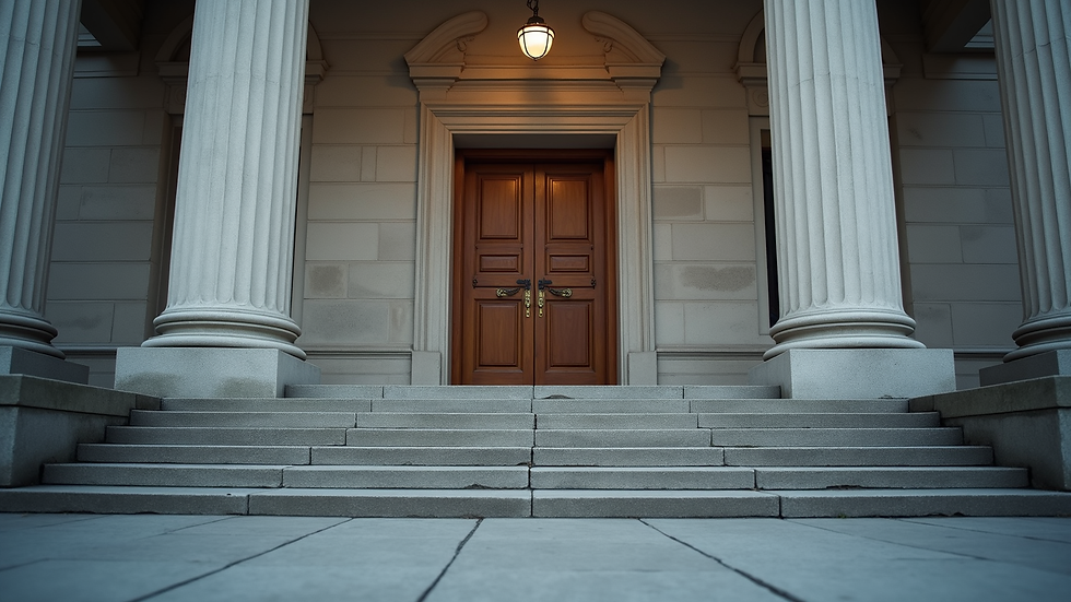 Eye-level view of a courthouse entrance with steps leading up