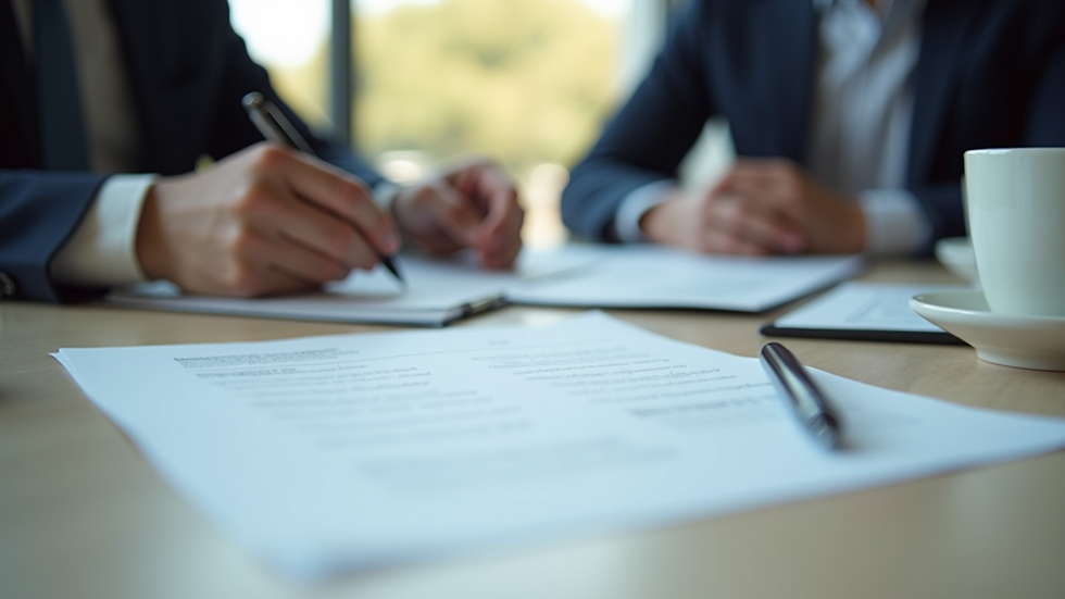 Close-up view of a mediation session with documents and coffee cups on the table