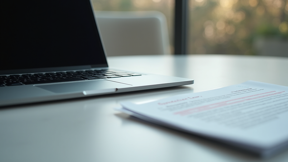 Eye-level view of a laptop on a desk with legal documents