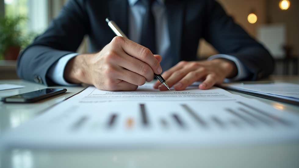 Close-up view of a person reviewing legal documents on a desk