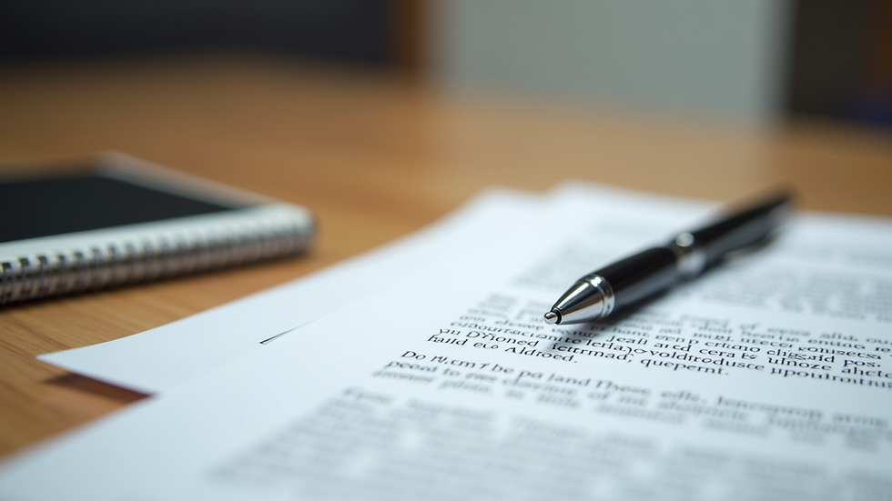 Close-up view of legal documents and a pen on a wooden desk