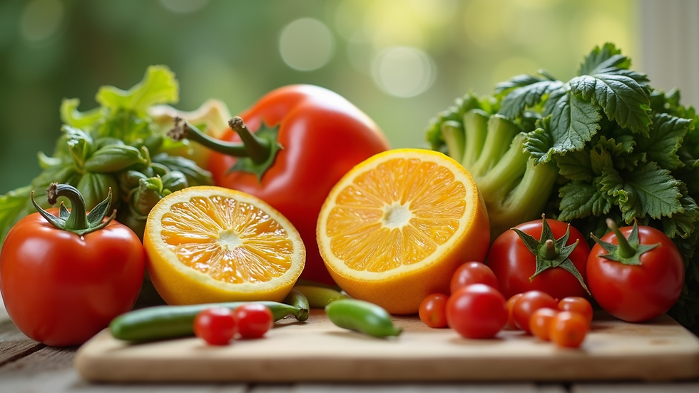 Close-up view of fresh organic fruits and vegetables arranged for baby food preparation