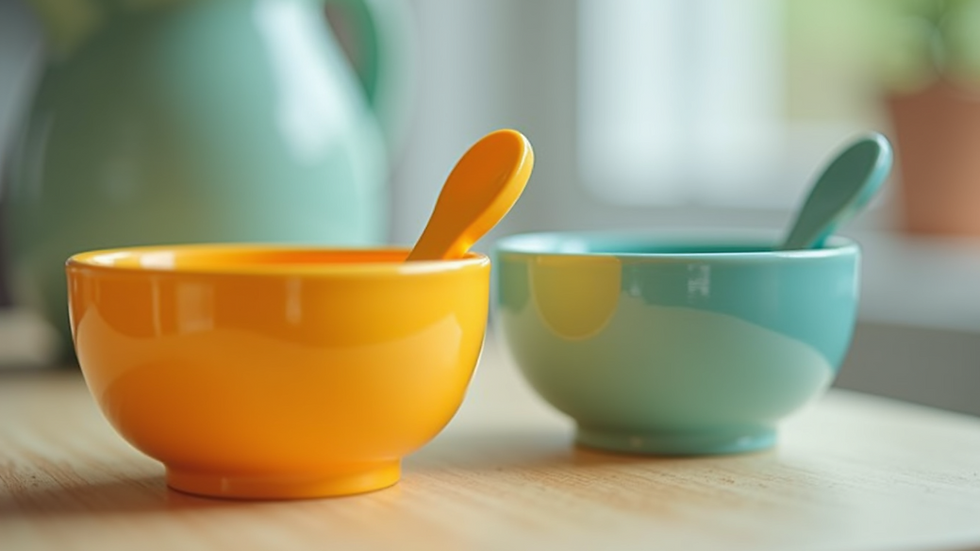 Eye-level view of a colourful baby feeding set with spoons and bowls