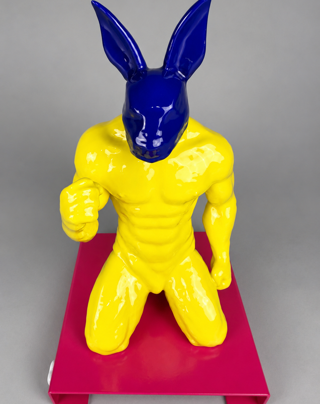 YELLOW BUNNY from HYPERPOP by PORNOBUNNY, muscular sculpture with rabbit head