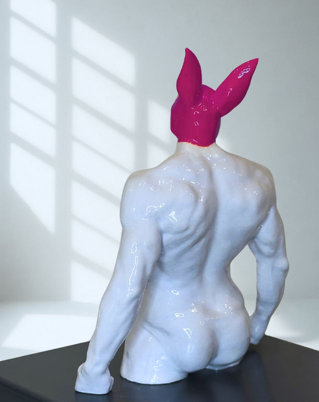 TONY by PORNOBUNNY, opposite rear three-quarter view; muscular male torso sculpture with a bunny head