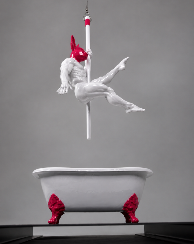OLEG from CIRCUS LOVERS by PORNOBUNNY, rear three-quarter view; muscular rabbit-masked sculpture on a pole above a bathtub