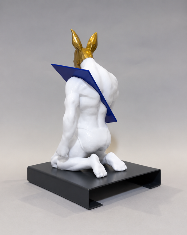 WHEN I’M SPLIT from SECTIONED by PORNOBUNNY, left profile view; kneeling male sculpture with rabbit head