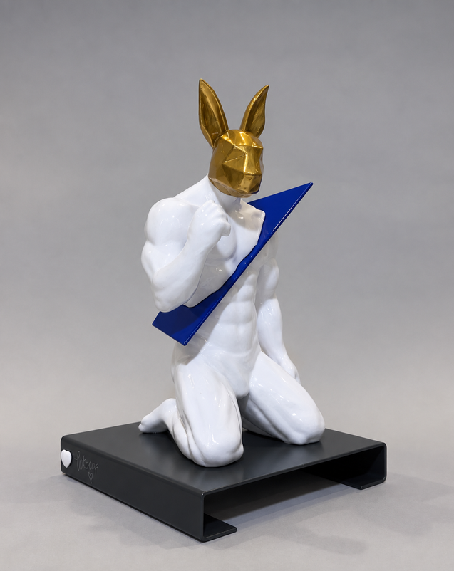 WHEN I’M SPLIT from SECTIONED by PORNOBUNNY, front three-quarter view; muscular kneeling figure with rabbit head sculpture