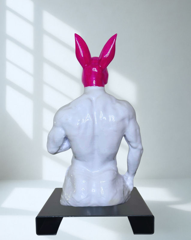 MARIO by PORNOBUNNY, rear view; muscular male torso sculpture with rabbit head
