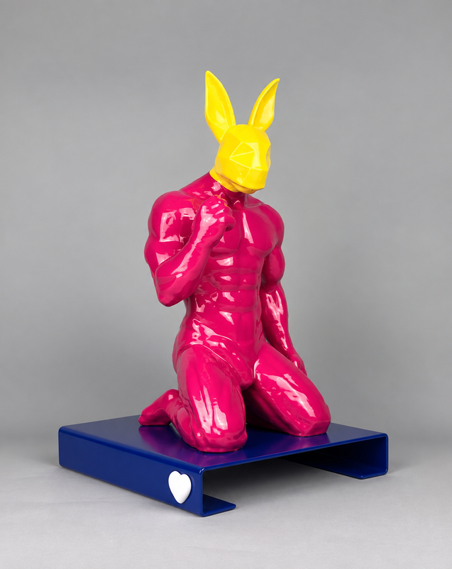 PINK BUNNY from HYPERPOP by PORNOBUNNY, front three-quarter view; muscular figure with rabbit head on stand