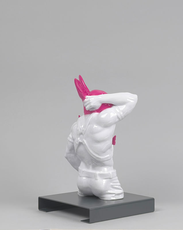 EITAN from METAMORPHOSIS by PORNOBUNNY, rear three-quarter view; muscular torso sculpture with rabbit mask