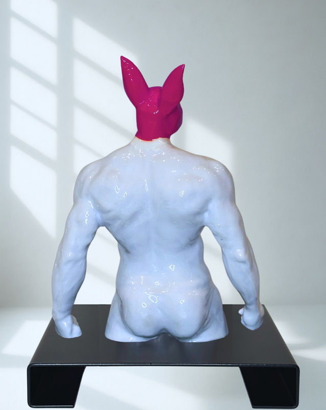 TONY by PORNOBUNNY, rear view; muscular torso sculpture with a rabbit head