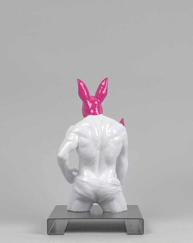 ALON from METAMORPHOSIS by PORNOBUNNY, rear view; muscular male sculpture with a bunny head