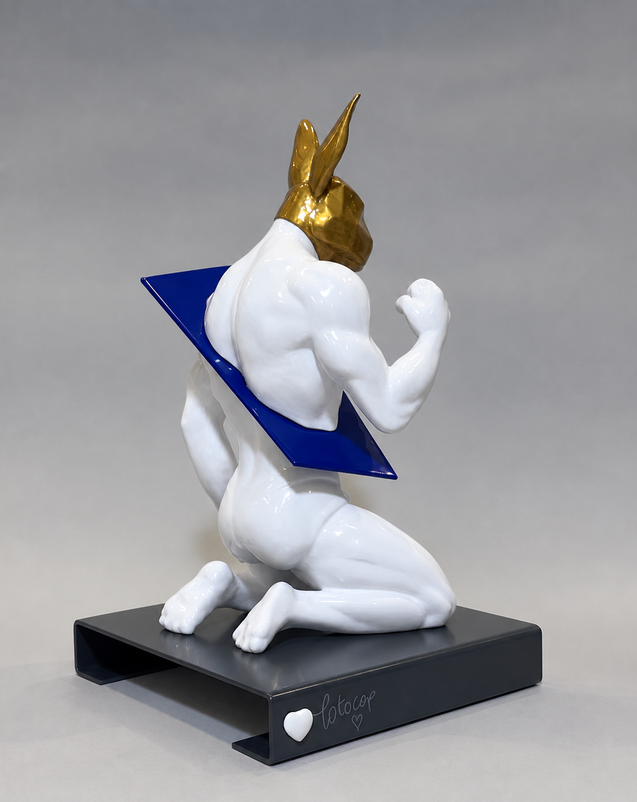 WHEN I’M SPLIT from SECTIONED by PORNOBUNNY, rear three-quarter view; muscular rabbit sculpture with a head kneeling