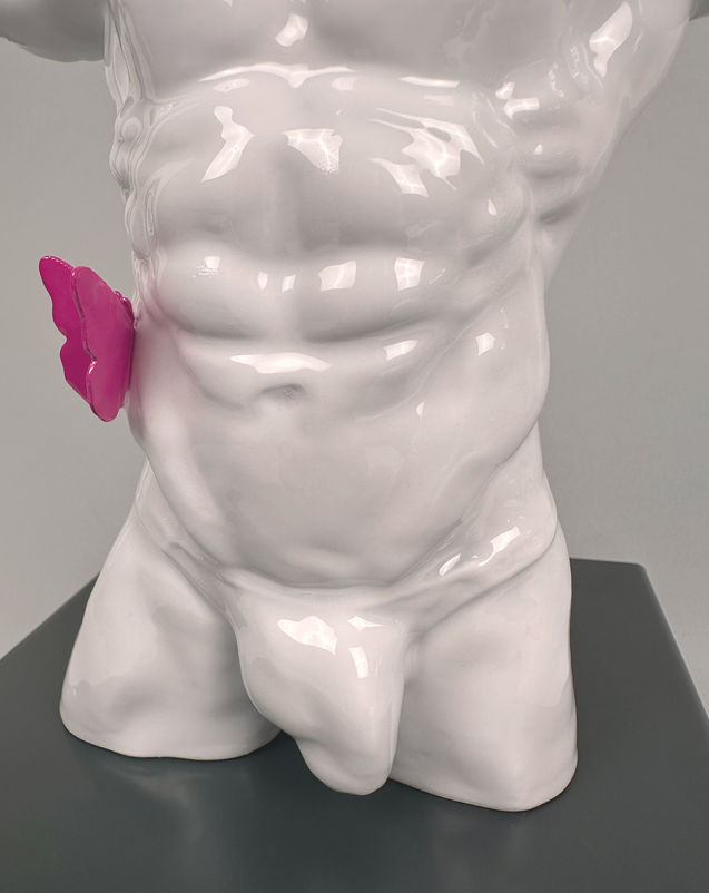 Detail of NOAM from METAMORPHOSIS by PORNOBUNNY, male torso sculpture with butterfly